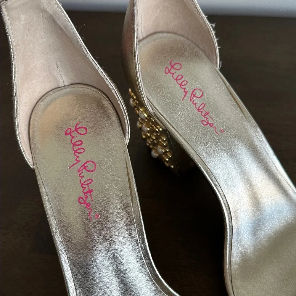 Lilly Pulitzer Amber Lynn Gold Embellished Sandal Block Heel Size 10 - Picture 4 of 13